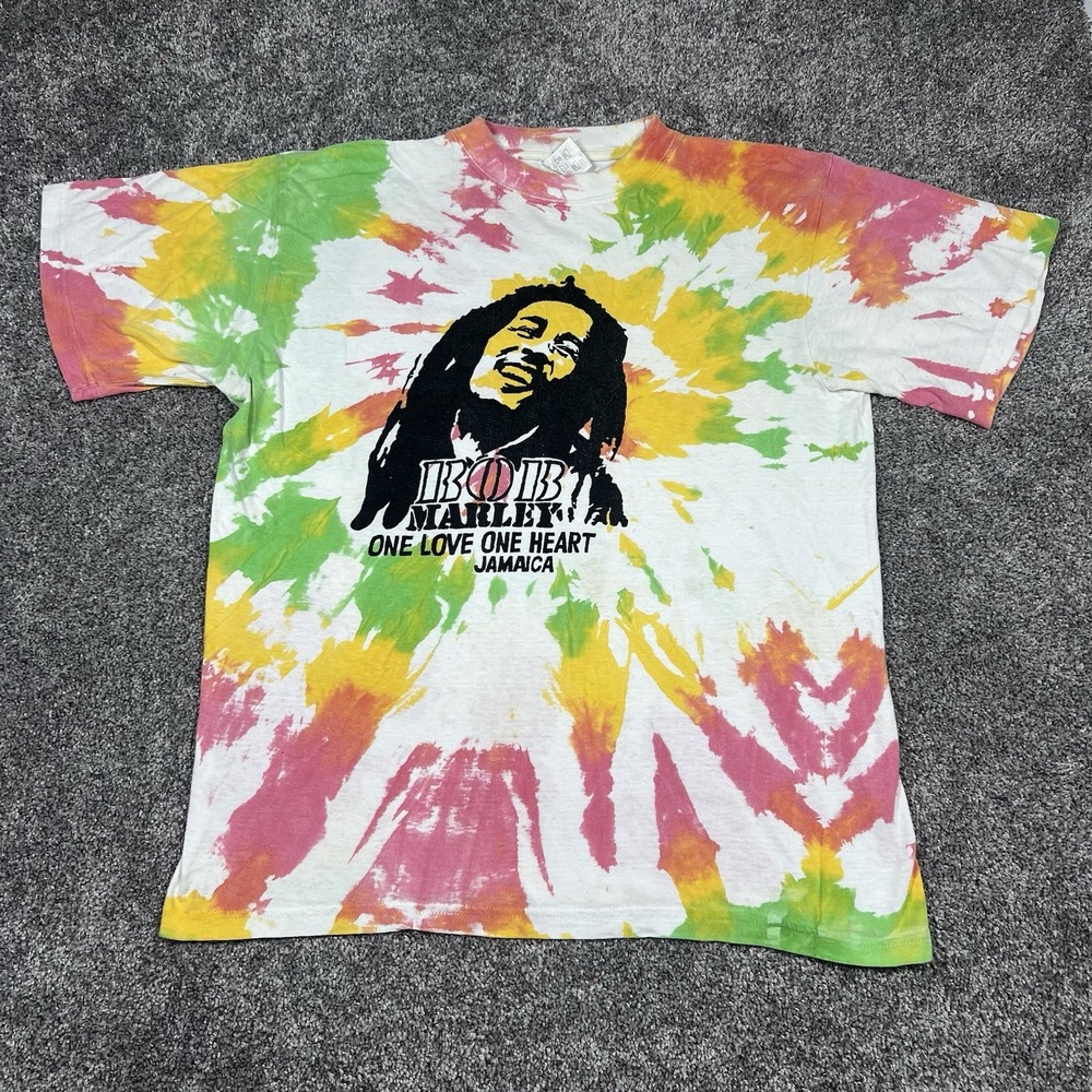 Vintage 90s Bob Marley Tie Dye Shirt Size Medium Reggae Band Beach Music Surf